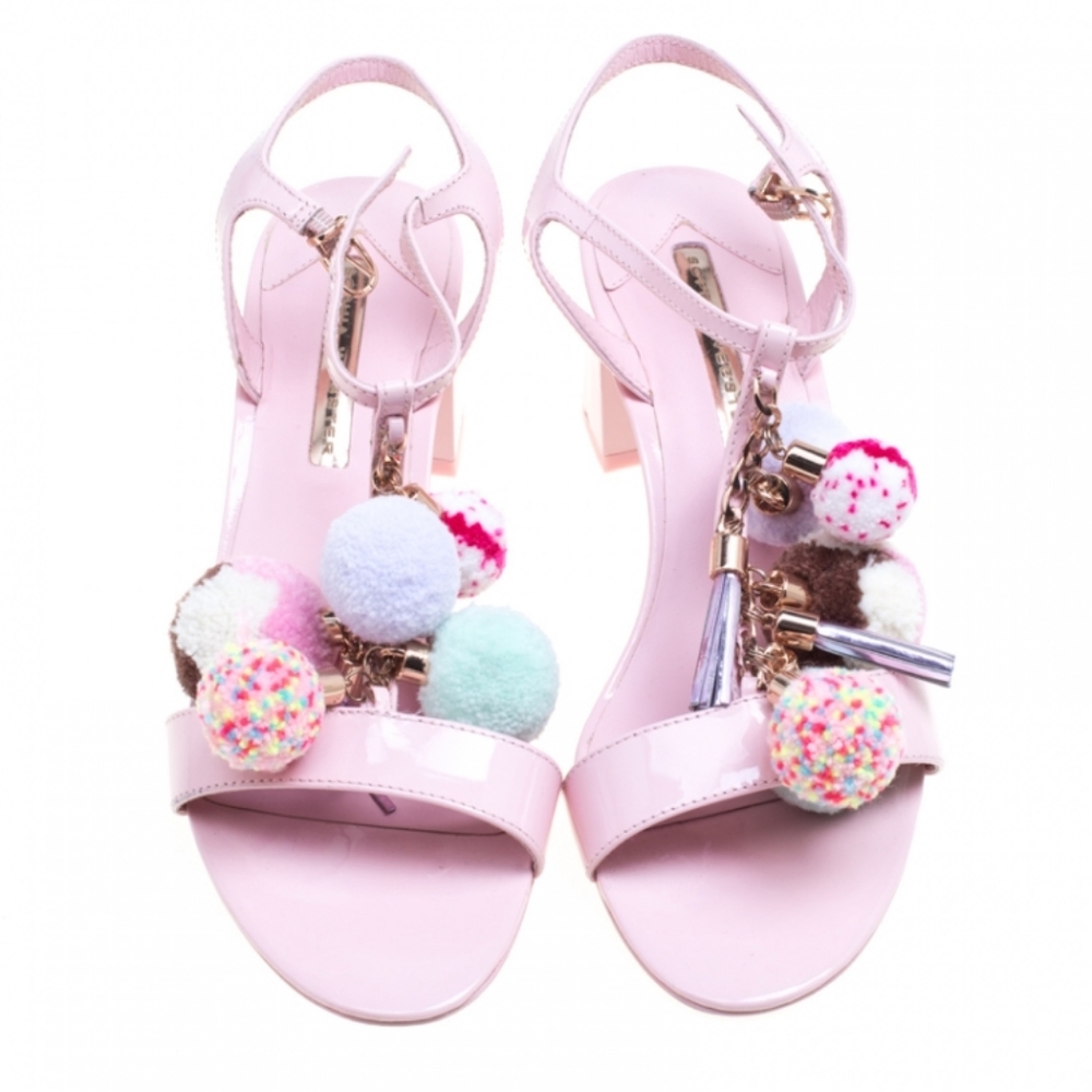 New Authentic Sophia Webster Juno Pink Patent Leather Pom Pom T- Strap Sandals